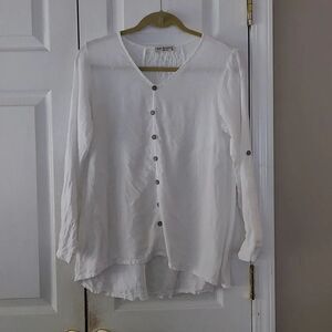 Terzo Millennio linen white hi low  faux button down long sleeve top  Sz S